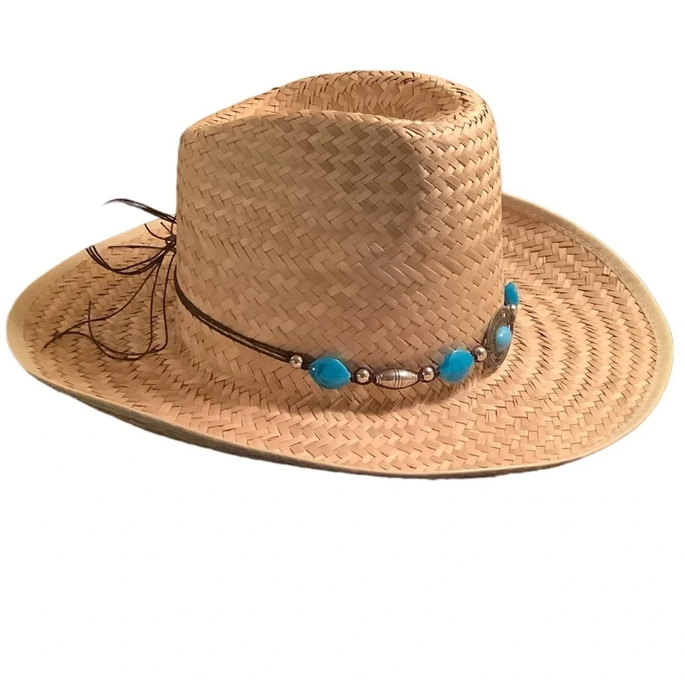 Faux Turquoise Decor Straw Cowboy Hat